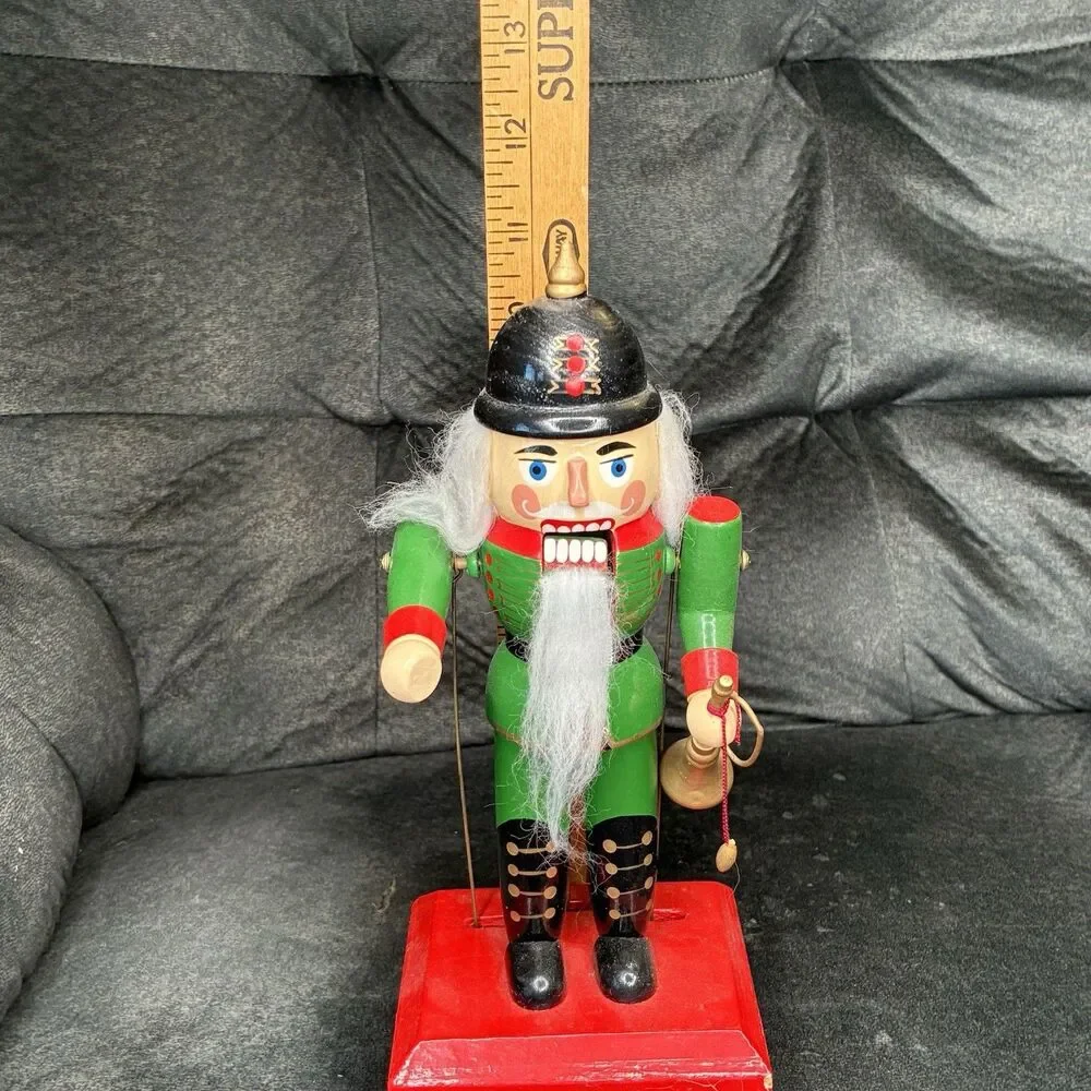 Wooden Animated Nutcracker W/Horn Music Box Moving Mouth & Arms 11